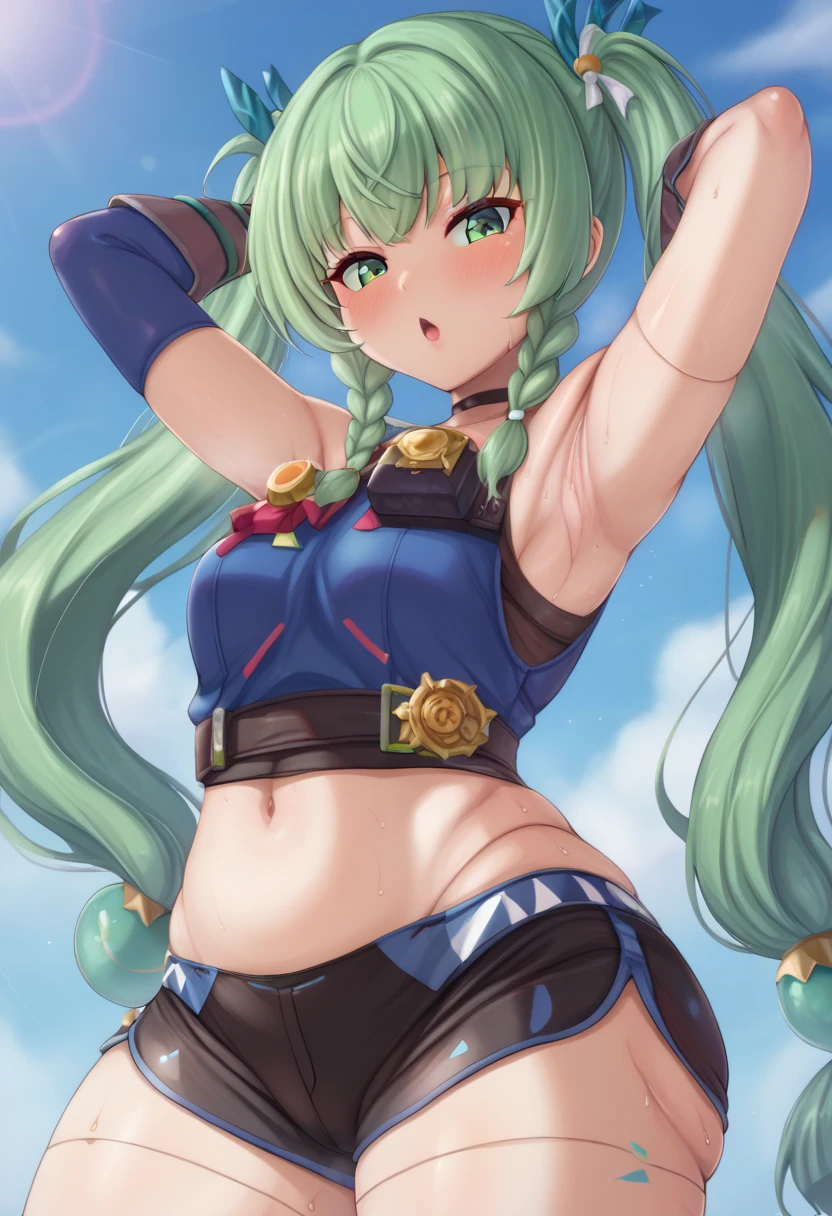 ultra-detailed,
master piece,best quality,high resolution,
beautiful eyes,detailed eyes,detailed face,
beautiful detailed eyes,symmetrical clear eyes,
1girl,score_9,score_8_up,score_7_up BREAK qingyiSDXL,1girl,long hair,gloves,bare shoulders,twintails,very long hair,green eyes,braid,green hair,shorts,black gloves,fingerless gloves,twin braids,crop top,short shorts,black shorts,joints,(small breasts:1.1),(medium breasts:0.9),wide hip, thick thighs,nsfw,(Armpit:1.5),(Plump:1.4),( too thick thighs:1.1),big butt sweat ,Armpit汗,赤らんだArmpit,(脂ぎったArmpit:1.5),(艶のあるArmpit:1.2),(肉厚なArmpit:1.1),blush,(vapor:1.4),