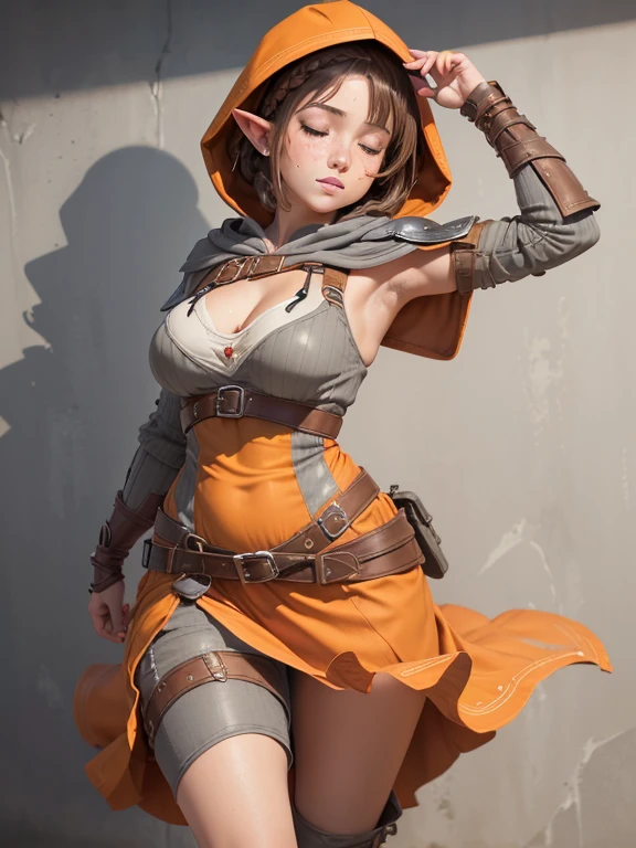 A nearly naked beautiful girl wearing tattered ocher clothes as clothes, navel, desert, wearing a tattered ocher hood, cleavage, waist, stomach, groin, paleo skirt length too low-rise , a tattered ocher micromini paleo skirt with holes, her paleo is torn, bare legs, thighs, underboobs, tattered ocher very short crop top cape with holes, no panties, no bra, black long hair, bangs, pantyless, torn clothes, midriff, stomach, A tattered pareo skirt with holes,leg holster, ocher gloves, ocher boots,The entire groin area is exposed, wears a hood on one's head, pantyless, The length of the cape is short enough to expose the back, exploring the ruins, Ruins of a super ancient civilization, pareo knot, big breasts, sidelocks, fighting, dynamic angle, dynamic pose, shaved pussy