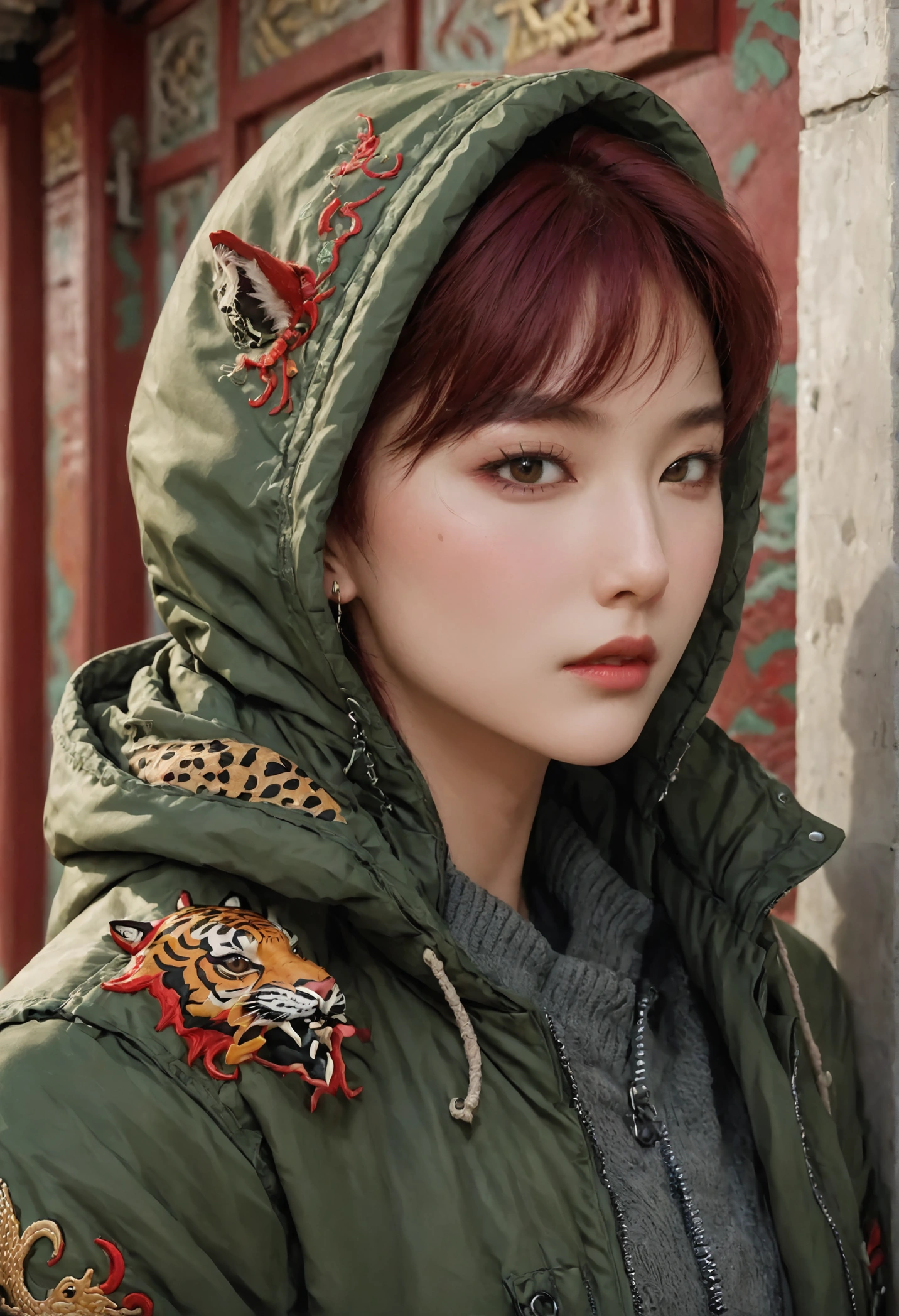 Modern Mongolian-American woman with sharp features, short wine-red hair, wearing an olive-green winter jacket adorned with embroidered tigers, dragons, symbols, and unique patterns. Hood features an animal face design. Styled in cool street fashion, with a floral wallpaper background adding a soft vintage atmosphere. Hyper-realistic, highly detailed, extreme close-up, UHD, 64K, award-winning fashion photography style.

