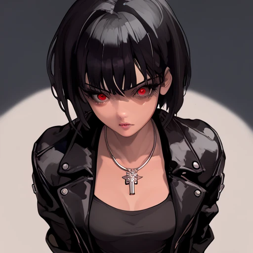  Female anime character, Leather jacket, Short Hair black, and a long crossed necklace and a short hair bedroom background, Red eyes, black hair, breasts, breasts grandes, from above.