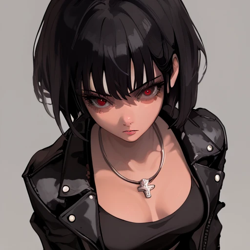  Female anime character, Leather jacket, Short Hair black, and a long crossed necklace and a short hair bedroom background, Red eyes, black hair, breasts, breasts grandes, from above.