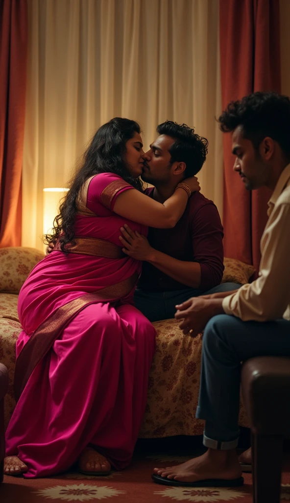 Indian 46 year old medium plus sized wife ,(wearing pink colour reflective saree and meroon colour glossy deep neck blouse) and 20 year old man driver kissing on bed. One man sitting on chair And he watching that, very bright light