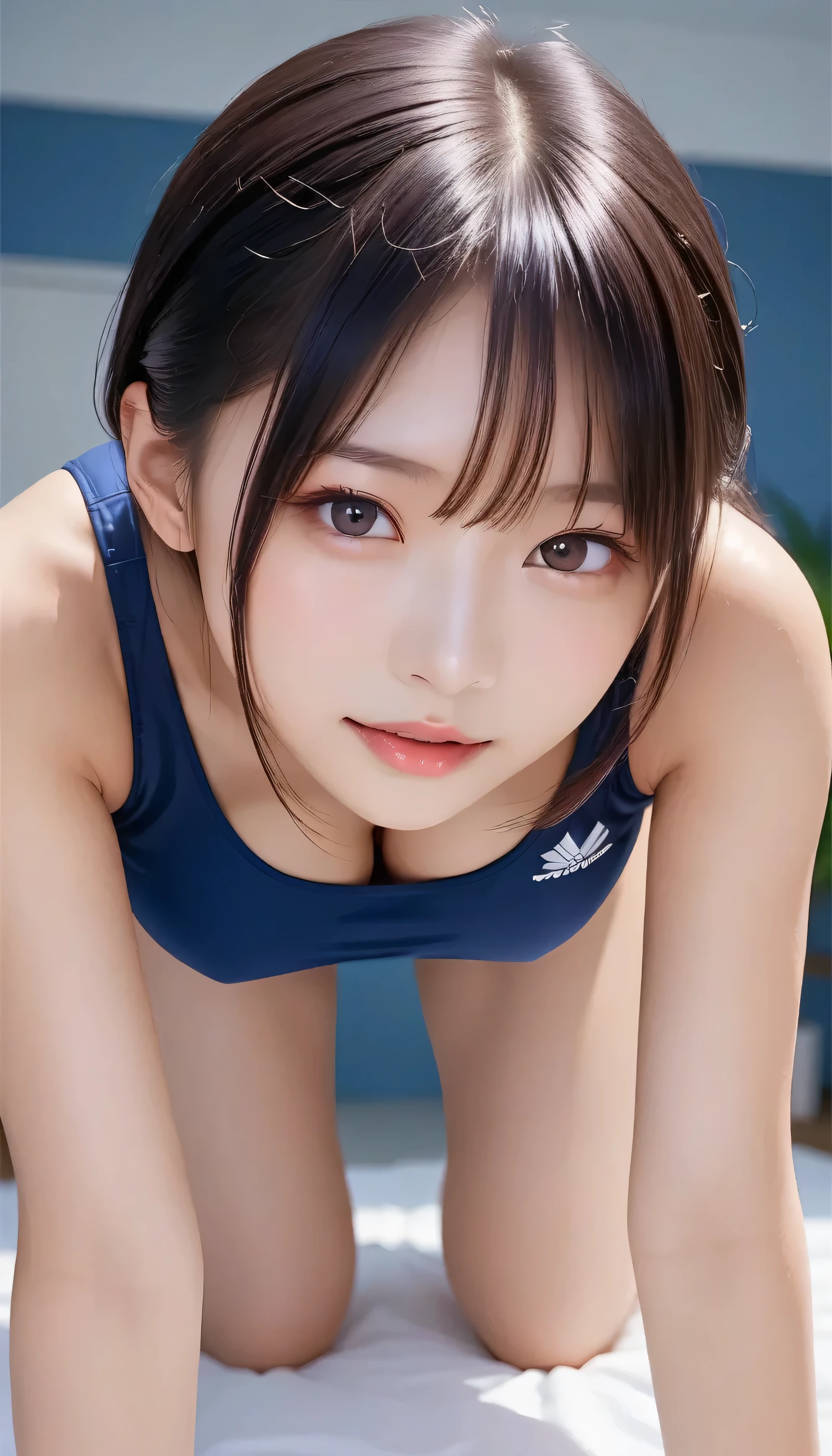  score_9,  score_8_up,  score_7_up, super detailed, Hausmo style  , 32K,  masterpieces during breakfast , top quality, super high definition ,nsfw, official art,Big Breasts、 on all fours, トップダウン・ボトムup, split leg forward bend, angle from behind 、 School Swimsuit