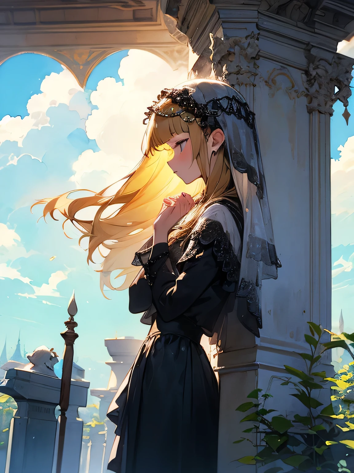 sideview, solo, aristocratic mourning dress, mourning skirt, blonde hair, blunt bangs, veil, funeral attire, praying at the grave marker, rest in peace, praying for the dead, blue sky, clouds, beautiful profile,,like a painting, watercolor painting style, The Art of Mathematics, Official Art, Masterpiece, beautiful, ((watercolor)), paint splashes , complex details. very detailed, [Drooping:0.7],