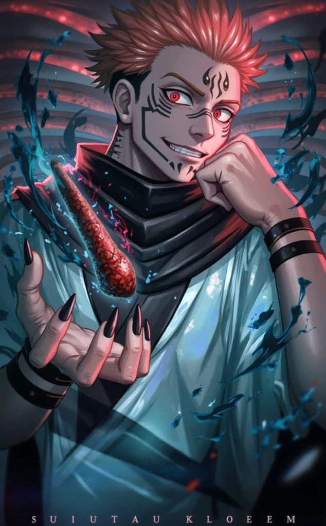 prohibit_Seven_no_Taizai, Blue Hair, Red eyes, Spiked Hair, scar, gapping nipples,gaping urethral orifice,gaping penis