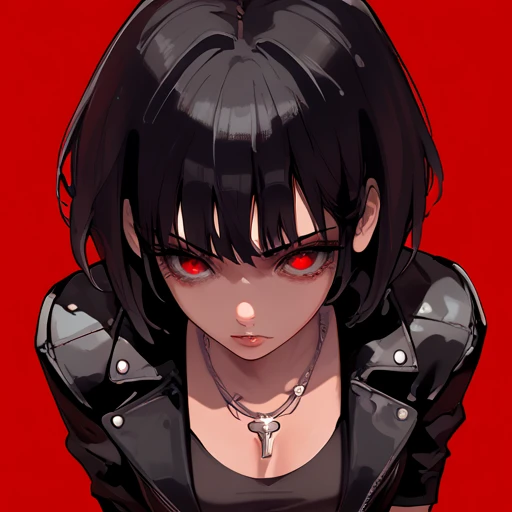  Female anime character, Leather jacket, Short Hair black, and a long crossed necklace and a short hair bedroom background, Red eyes, black hair, breasts, breasts grandes, from above.