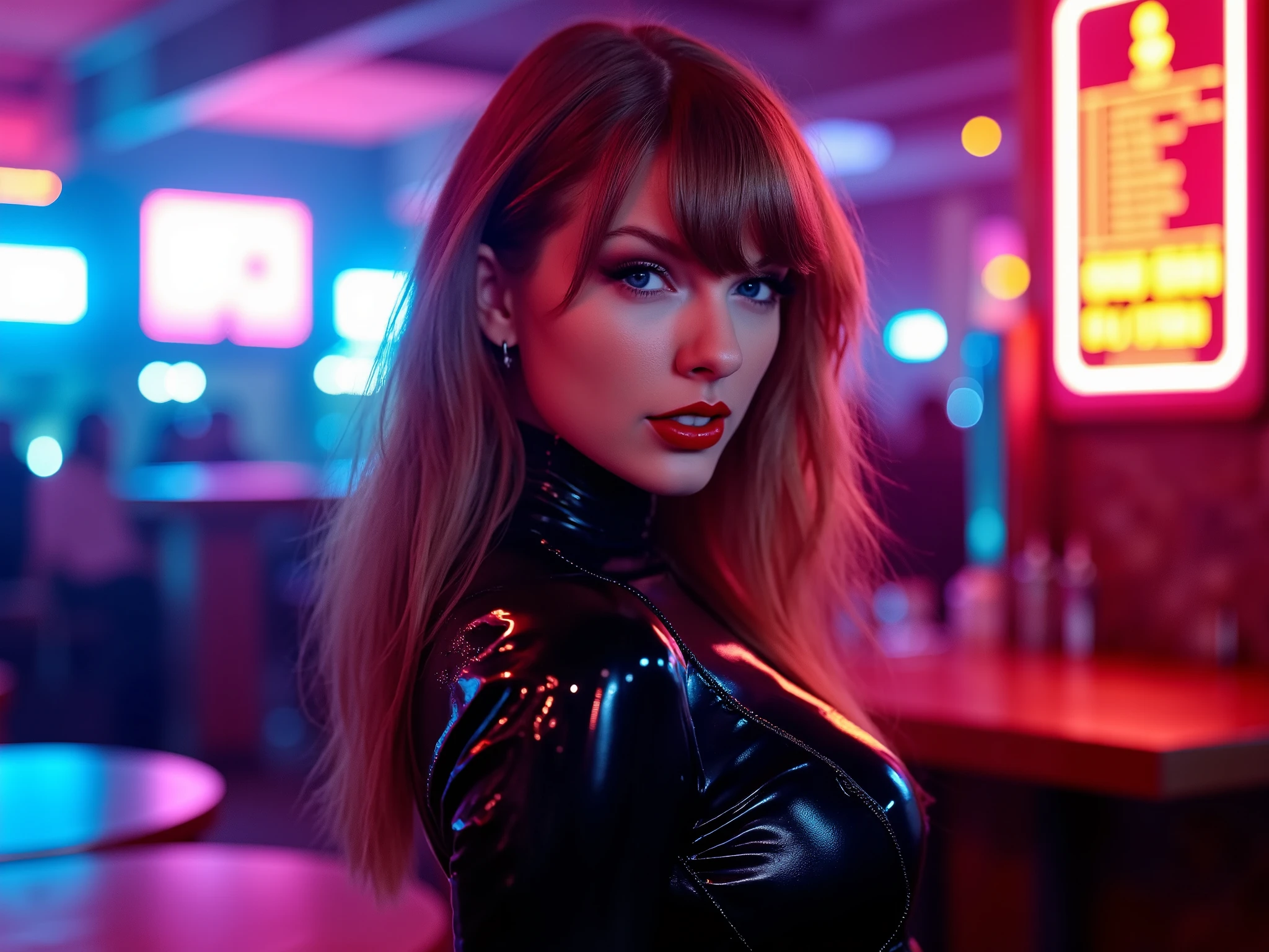 portrait of taylor, she is wearing shiny red lip gloss, looking directly at the viewer, she is wearing a latex cyberpunk outfit, she is standing in a nightclub, the room is brightly lit with neon lights,