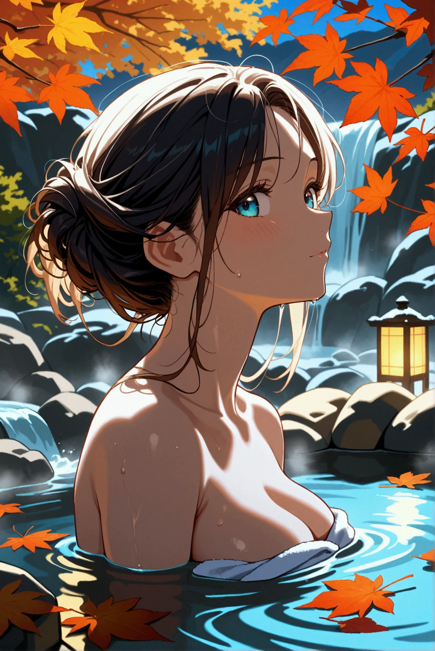 A woman is relaxing in a hot spring,sexy,looking at viewer,20generation,I'm looking up at the moon,autumn leaves,Put a towel over your hair, a beautiful light of inspiration,sexy pose,Graceful water flow,Pleasant atmosphere,Quiet and calm background,masterpiece,best quality,ultra detailed,8k portrait,unity 8k wallpaper,super fine illustration