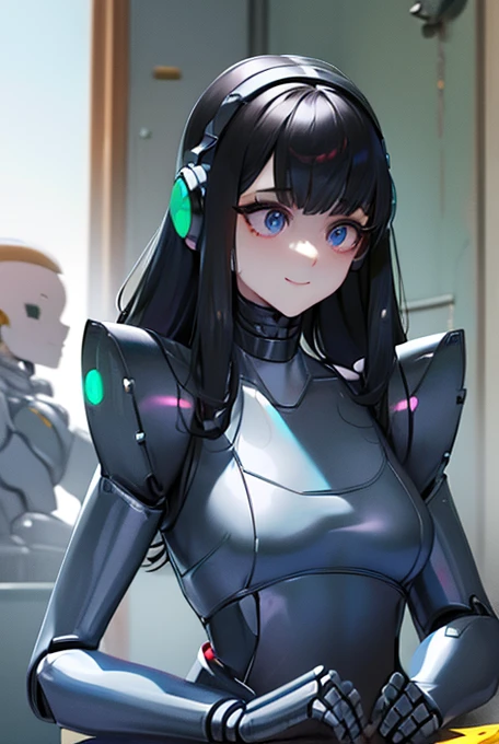 (masterpiece),(Highest quality),(Super detailed),(Best illustrations),(Best Shadow),(Absurd),(Detailed Background),(so beautiful), 16K, 8K, 4K,(Best Shadow),robotization,woman ,big bust,Robot Joint ,Metal skin,Black robot Suit,long hair,a black robot suit that covers the whole body,robot hand,cyber bodysuit,mecha head,(Detailed hands and fingers:1.2),Ball joint robot body,doll joint,beautiful face,beautiful robot girl,robotic eye,robotic hands,(no more human skin),android girl,cyborg girl,F cup, sexy body,(machine made joints:1.2),(machanical limbs:1.1),(blood vessels connected to tubes),(mechanical vertebra attaching to back),(mechanical cervial attaching to neck),no messy picture style,no emotion,tech control,black robot suit,maintenance,smile,antenna