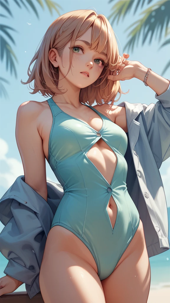 hand good、one-piece swimsuit, strap slip、nsfw, nipples、Chestnut Hair、Swimwear、Ocean、one-piece swimsuit, strap slip、Sandy Beach、Wet、Blushing、