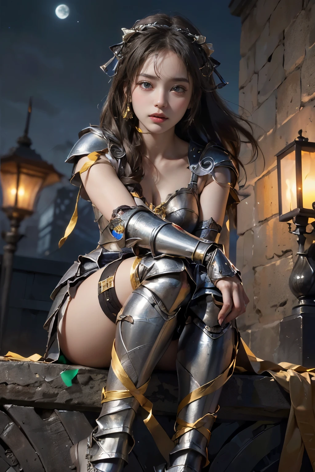 (( photoshoot)),(( highest resolution)),(( top quality,8k)), ((masterpiece)), ( Details), Photographically,  High Definition, Knight Girl ,  Detailsな美しい顔,(Beautiful contrasting eyes),( knee up :1.2) close her mouth, straight brown hair, HALF UP, hair ornament,((Gunmetallic armor richly decorated with ribbons :1.5)),clavicle,navel,Thighs,( and look away:1.2), lace cape that flutters in the wind,(((Angle of view from the foot)))( shot from the front:1.6),Night Wall ,Huge full moon