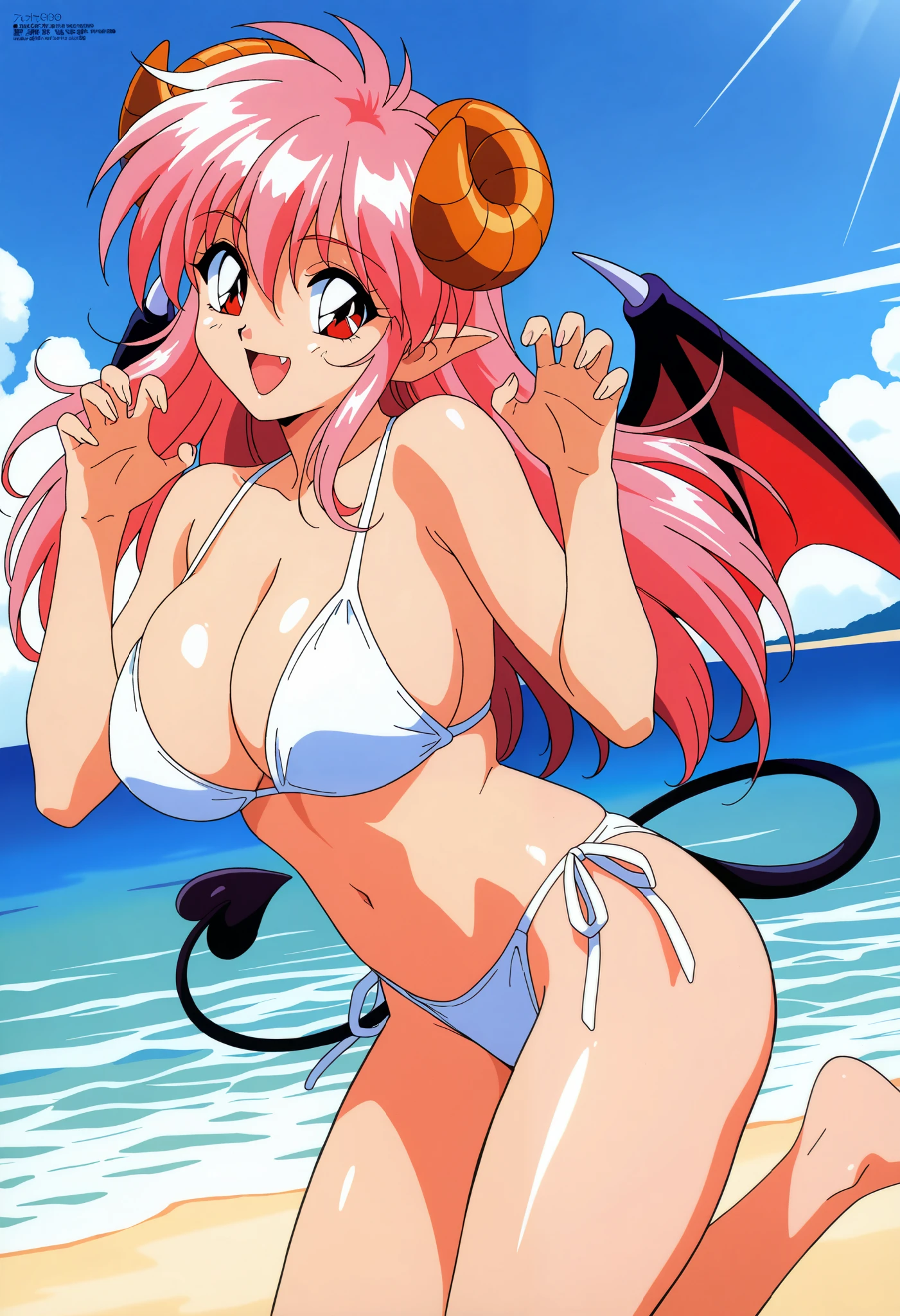 masterpiece, best quality, very aesthetic, absurdres, 1990s (style), cowboy shot, solo, big eyes, demon girl, claw pose, demon wings, demon tail, pink hair, long hair, hair between eyes, on one leg, sole, red eyes, :d, fang, huge breasts, white bikini, smile, beach, sea, blue sky, looking at viewer, (from side:0.5)