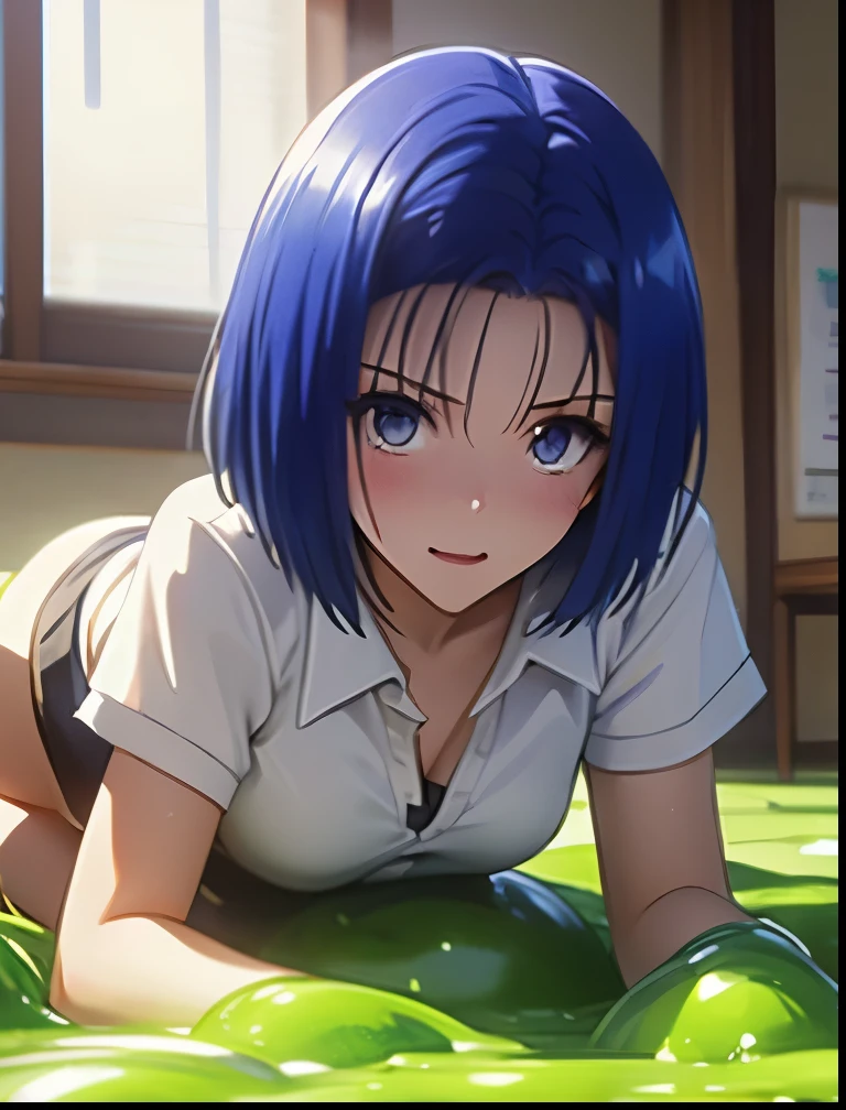 (((SFW、Precision、Highest quality、A first-class masterpiece、Normal body、8k、 Detailed Face 、Ultra-precision、 Normal hand、5refer to、Highest)))、 Sairenji Haruna、Blue hair bob cut、 short hair to be shouldered、 high school girl、「 To Love Ru」、 caught by a large amount of slime in the classroom 、Being held down by slime and standing on all fours 、 I feel like my skin is exposed when the uniform and miniskirt worn by the slime are melted、The white bra and pants are in full view 、 I'm blushing because I'm embarrassed、Feeling good and in agony