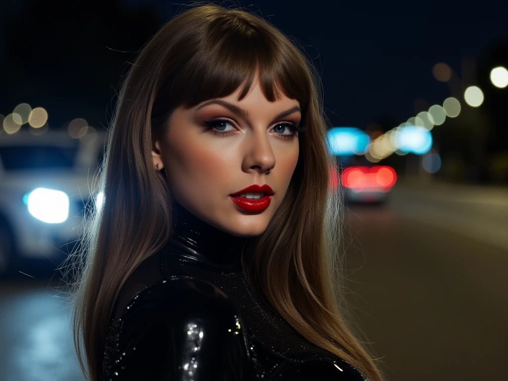 portrait of taylor, she is wearing shiny red lip gloss, looking directly at the viewer, she is wearing a latex cyberpunk outfit, she is standing in the road at night time, car headlights are illuminating the area around her.