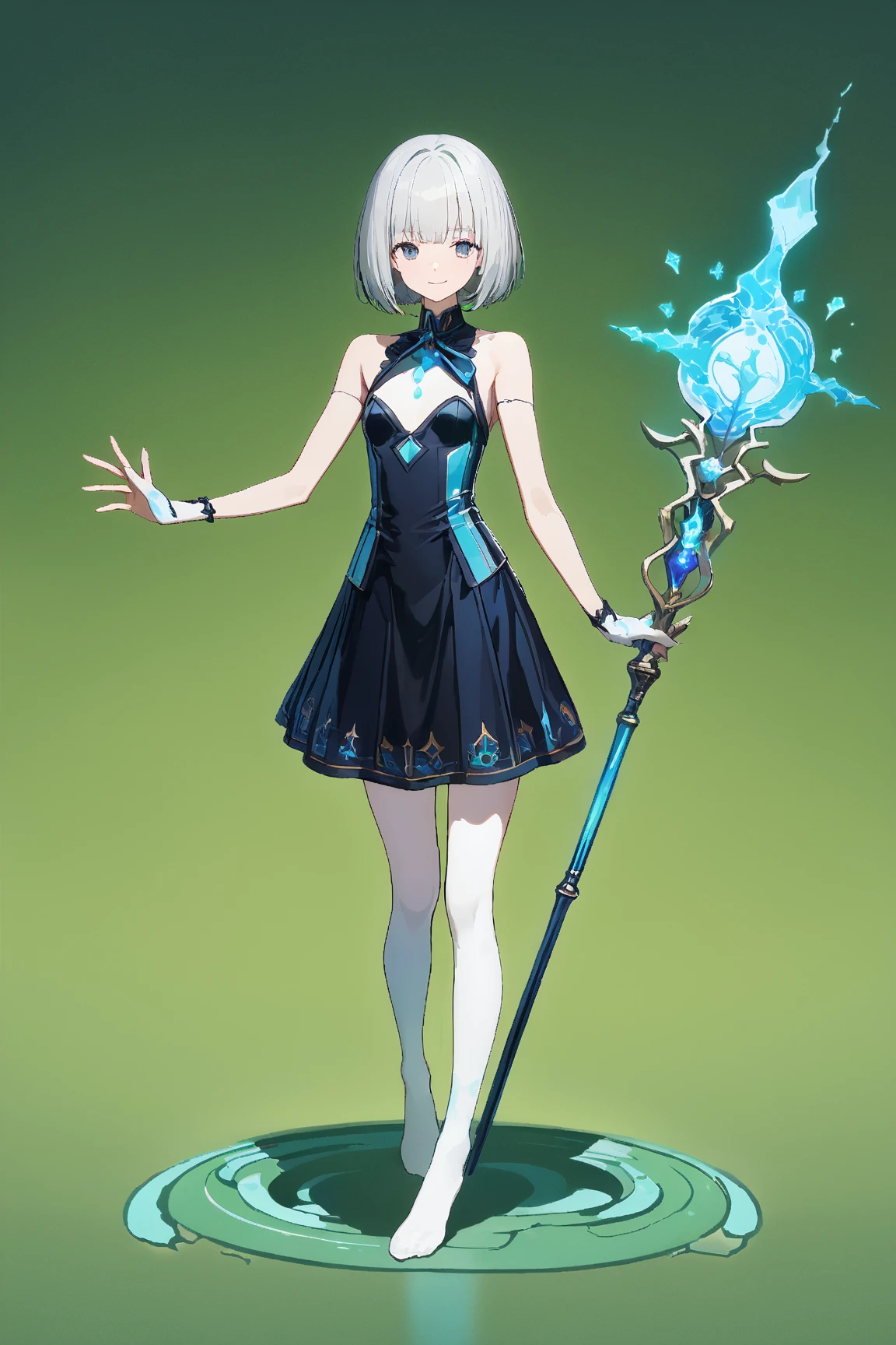 (green background:1.3), No wind, character sprite, (wide shot::0.7), Break, 
1 girl, (cute face), Neat, cool Look, light smile, 18 years old, , 160 cm tall,, (porcelain skin), Standing, feet out of frame, Silvery medium hair,  medium Bob, gray eyes, small breasts, slender, slim, Blue Healing Magician Outfit, short length skirt, white over-kneehighs, holding a Magical long staff, Break, 
(green background:1.3), No wind, high fantasy, game cg, absurdres,  highres icon, ultra detailed, beautiful, masterpiece, best quality,