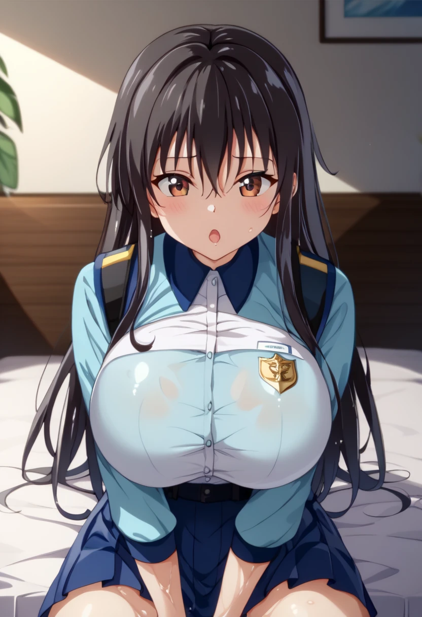 nsfw, (((((  young girl:1.8)))))、   black hair 、((Big Breasts:1.9))、((Big Breastsの  young girl:1.5))、(   bust line during in-flight service :1.5)、 Ahehe :1.5、  long hair、   twin tails、   luxury bed 、   blue uniform、  depiction of her whole body being tattered  ,  wet 、Big Breastsのtoddler body、  spread legs,On the body, 