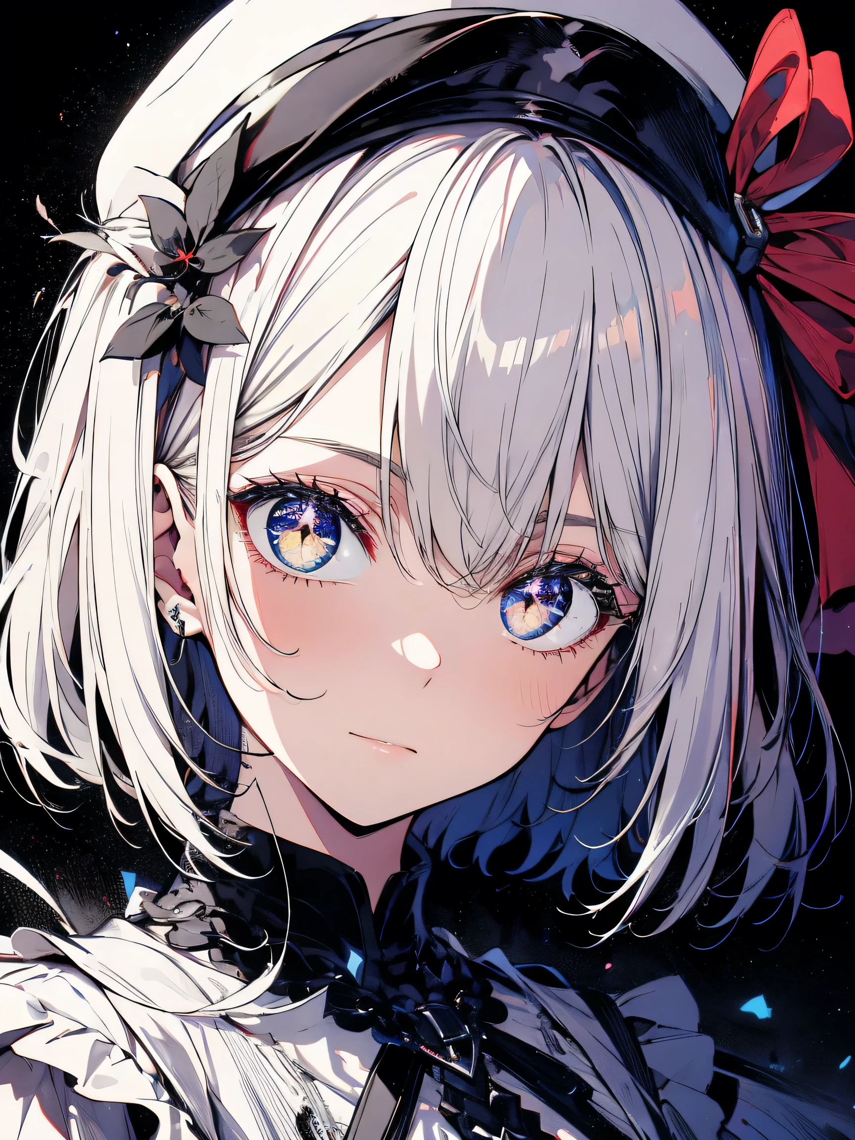       Absurd,      has high definition     ,       very detailed,
,     depicts a black and white world,     uses only shades of black  ,   white hair in a narrow box,Bob,   Gray represents depth     , Emotion,       impressive visual impact.Plain white background,  white T-shirt、  ,    Sparkling Eyes    ,    purple    ,yellow，white,    red eyeshadow  , Don't put anything on your hair  ,   Beige Hair Color ，  twin tails、Beret