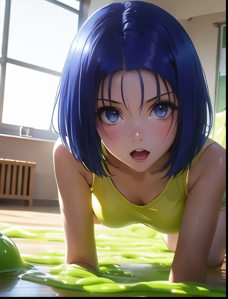 （（（ＳＦＷ、Precision、Highest quality、A first-class masterpiece、Normal body、8k、  Detailed Face 、Ultra-precision、 Normal hand、５refer to、Highest）））、 Sairenji Haruna、Blue hair bob cut、 short hair to be shouldered、 high school girl、「 To Love Ru」、 caught by a large amount of slime in the classroom 、 being held down by slime and I'm on all fours、My uniform and miniskirt are dissolved in slime and my skin is exposed、 nipples seem to be visible during the TikTok live、The white bra and pants are in full view 、 I'm blushing because I'm embarrassed、Feeling good and in agony 、I'm puzzled yet I'm panting with my mouth open 