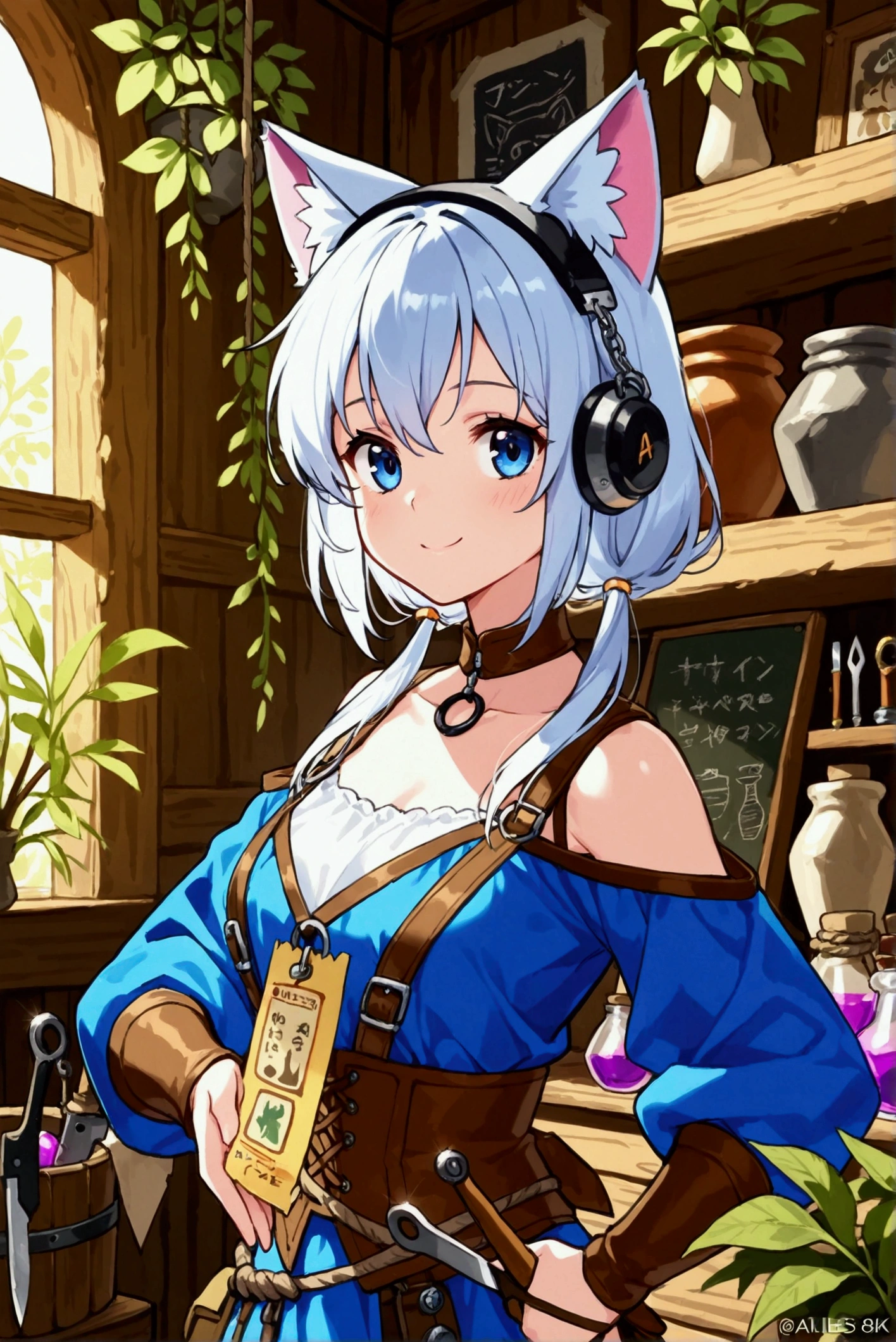 1girl,cat ears,kawaii,cute,fantasy clothes,little smile,BREAK,(fantasy tool shop:1.3),nice pose,a bunch of medicinal herbs,potion,hardware,aisles,shelves,tool section,hardware section,a balance,plants, lantern,wooden bucket,scrolls,blackboard,vase, pot,jar,knife,paper,price tag, ticket,rope,poster,anime visual,masterpiece,best quality,ultra detailed,8k portrait,unity 8k wallpaper,super fine illustration