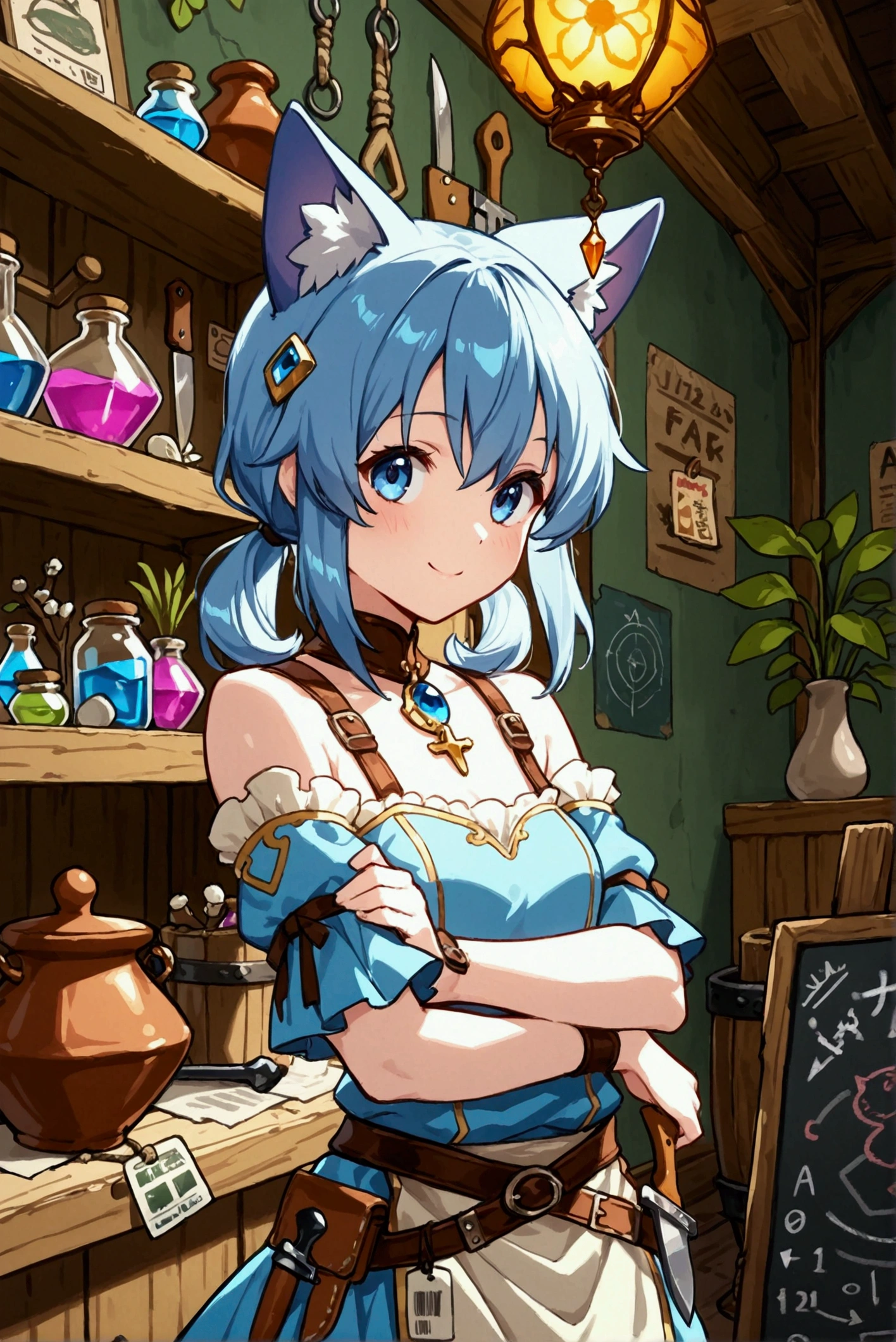 1girl,cat ears,kawaii,cute,fantasy clothes,little smile,BREAK,(fantasy tool shop:1.3),nice pose,a bunch of medicinal herbs,potion,hardware,aisles,shelves,tool section,hardware section,a balance,plants, lantern,wooden bucket,scrolls,blackboard,vase, pot,jar,knife,paper,price tag, ticket,rope,poster,anime visual,masterpiece,best quality,ultra detailed,8k portrait,unity 8k wallpaper,super fine illustration