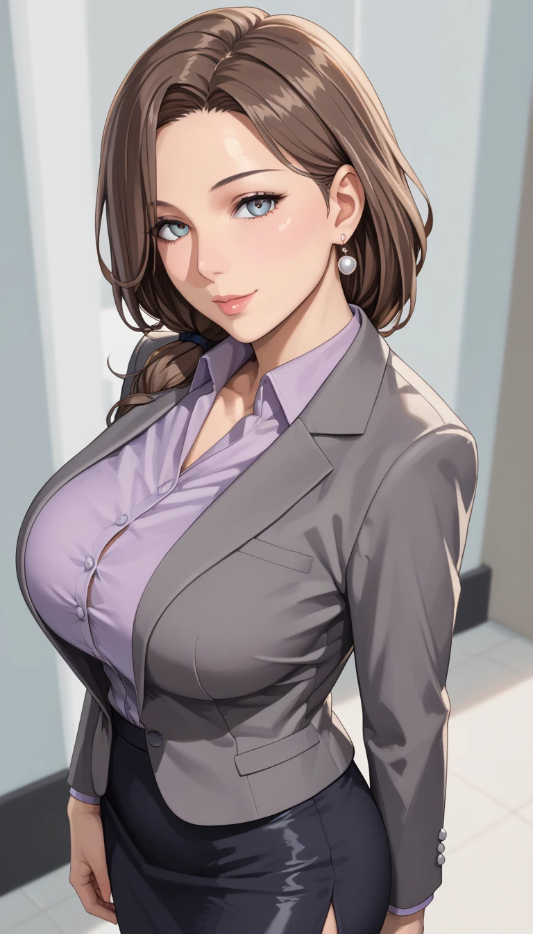 (masterpiece, best_quality:1.2), 1girl, solo, mature female, brown hair, office work:1.5, skirt suit, gray blazer, pencil skirt, superskirt, beautiful eyes, female focus, large breast, wide hips, looking at viewer, ((above view)) ((close up shot)) ((solo)) detailed, very high resolution, no blurry image, standing, beautiful, elegant, serene expression, intricate details, detailed background, class_room:1.3