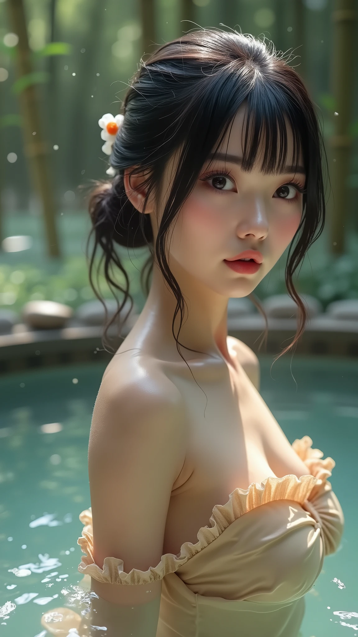 Photorealism, fountain, naked beautiful woman, detailed body, smile, bathing, nude , no clothes, exposed back, exposed nates,she turns her head back