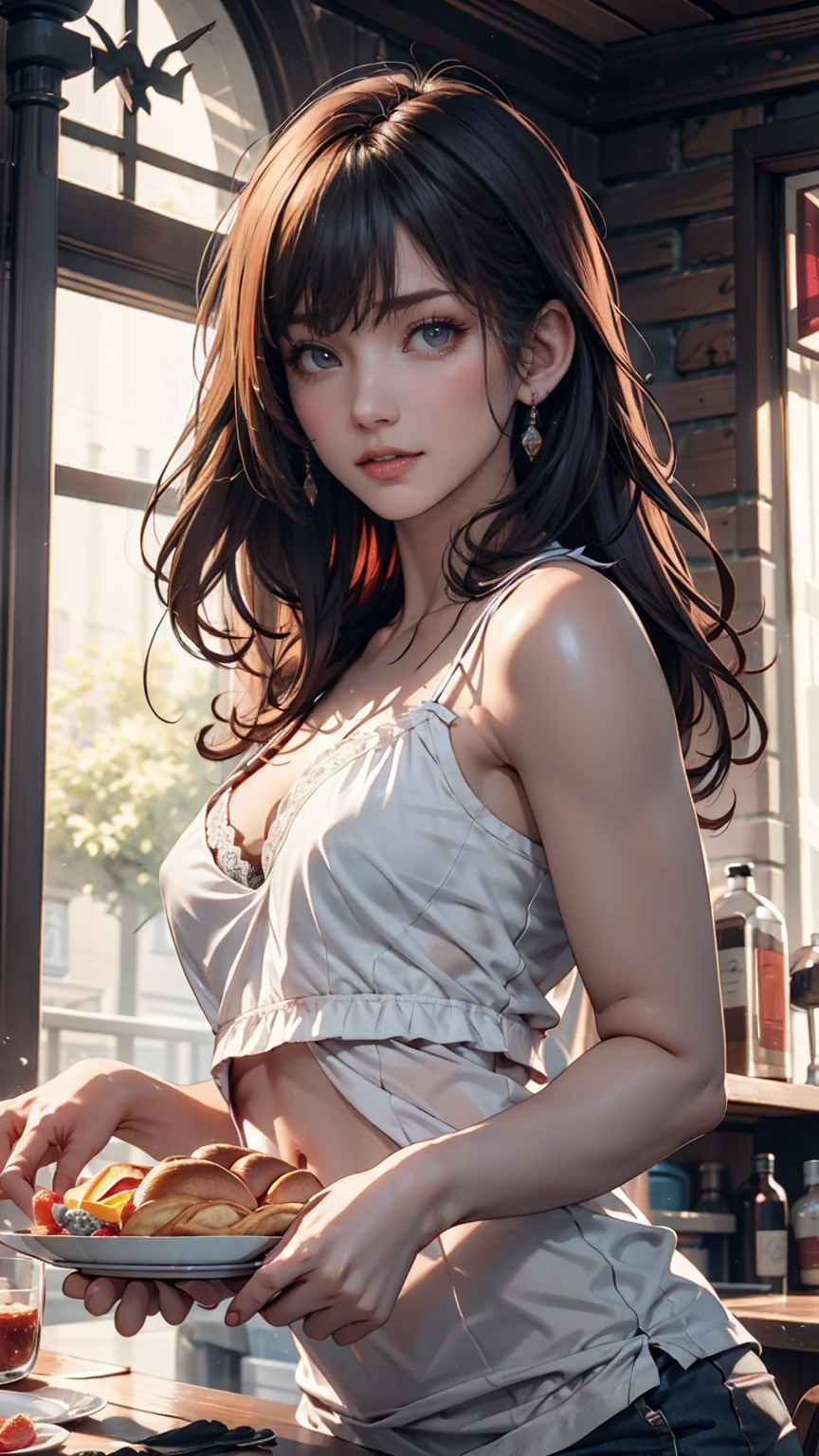 A young woman sits on top of her in a vintage house. She is wearing that sexy sexy dress or has big hips. She keeps liquor bottles on her side. She is sitting nearby at night.
