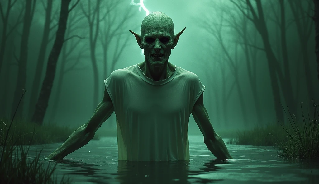 Half body shot of a creepy demon man in a foggy marsh, pale white skin, yellow glowing eyes, bald demon man, shirtless demon man, creepy demon man, skinny demon man, horror movie, cinematic, dark ambient, ultra detailed, photorealistic, masterpiece.