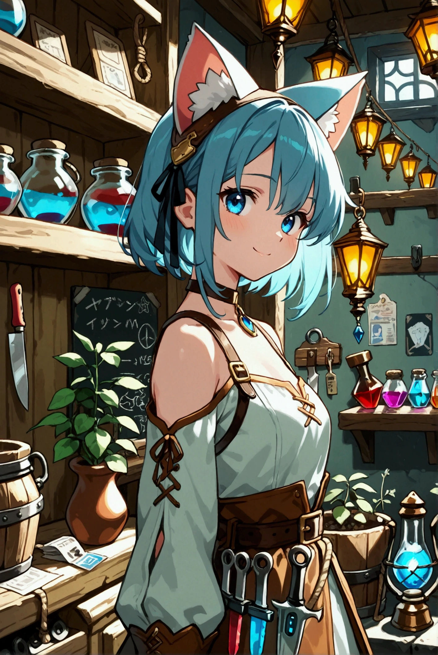 1girl,cat ears,kawaii,cute,fantasy clothes,little smile,BREAK,(fantasy tool shop:1.3),nice pose,a bunch of medicinal herbs,potion,hardware,aisles,shelves,tool section,hardware section,a balance,plants, lantern,wooden bucket,scrolls,blackboard,vase, pot,jar,knife,paper,price tag, ticket,rope,poster,anime visual,masterpiece,best quality,ultra detailed,8k portrait,unity 8k wallpaper,super fine illustration