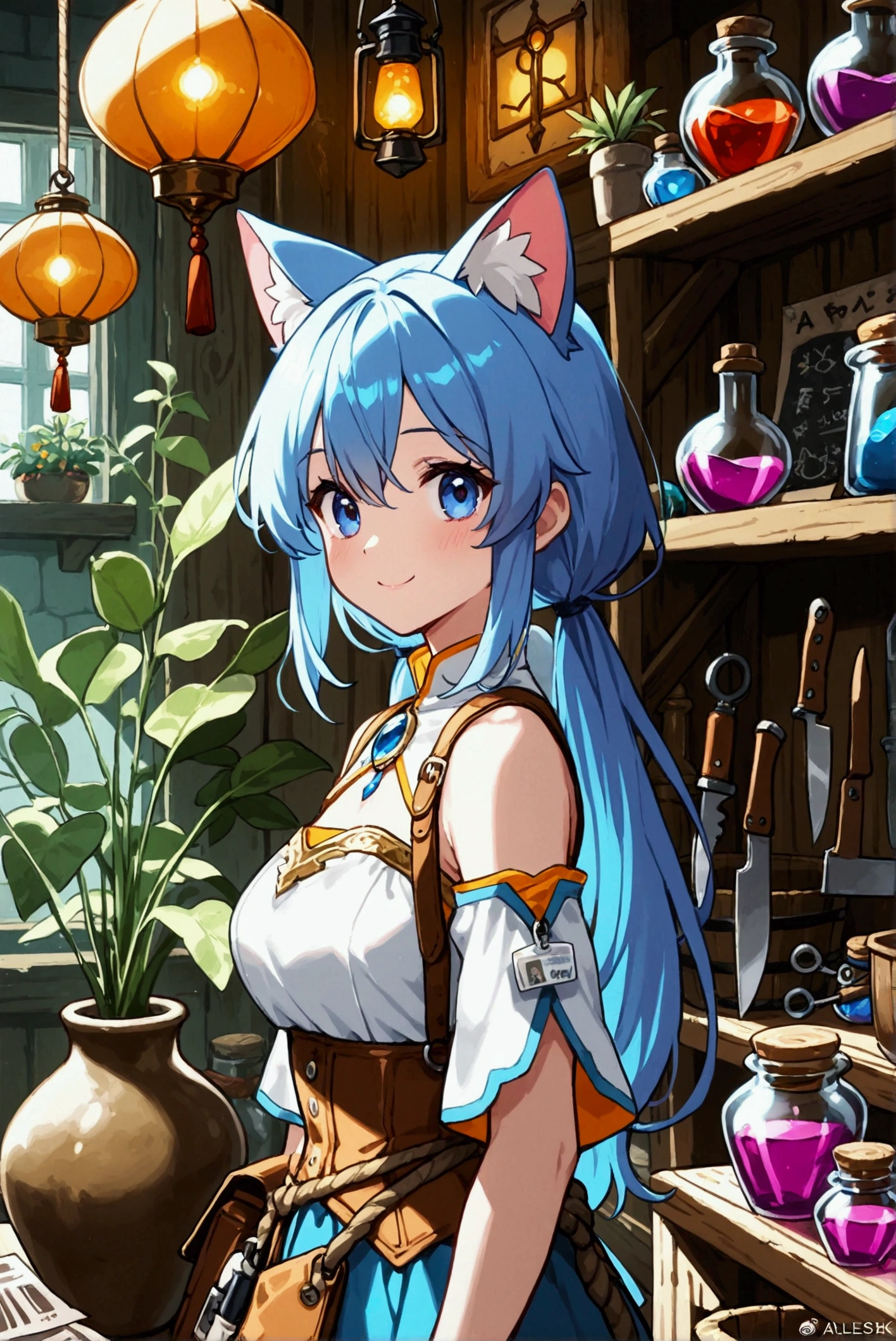 1girl,cat ears,kawaii,cute,fantasy clothes,little smile,BREAK,(fantasy tool shop:1.3),nice pose,a bunch of medicinal herbs,potion,hardware,aisles,shelves,tool section,hardware section,a balance,plants, lantern,wooden bucket,scrolls,blackboard,vase, pot,jar,knife,paper,price tag, ticket,rope,poster,anime visual,masterpiece,best quality,ultra detailed,8k portrait,unity 8k wallpaper,super fine illustration