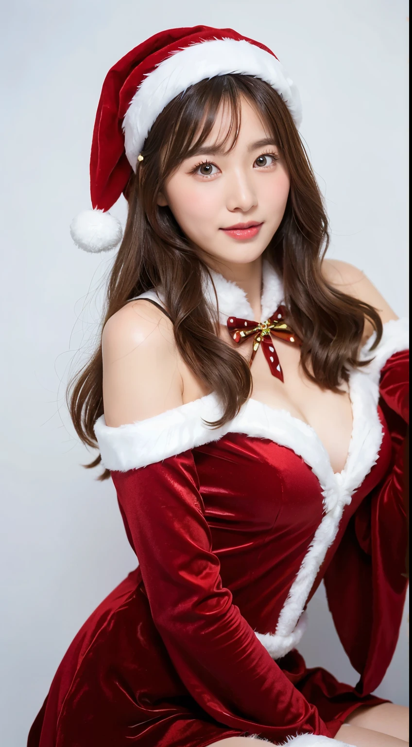 Ultra-realistic capture, Highly detailed,. Skin texture must be natural,Take a photo wearing a Santa Claus costume,Red dress and hat, wearing red dress,Upper arms exposed