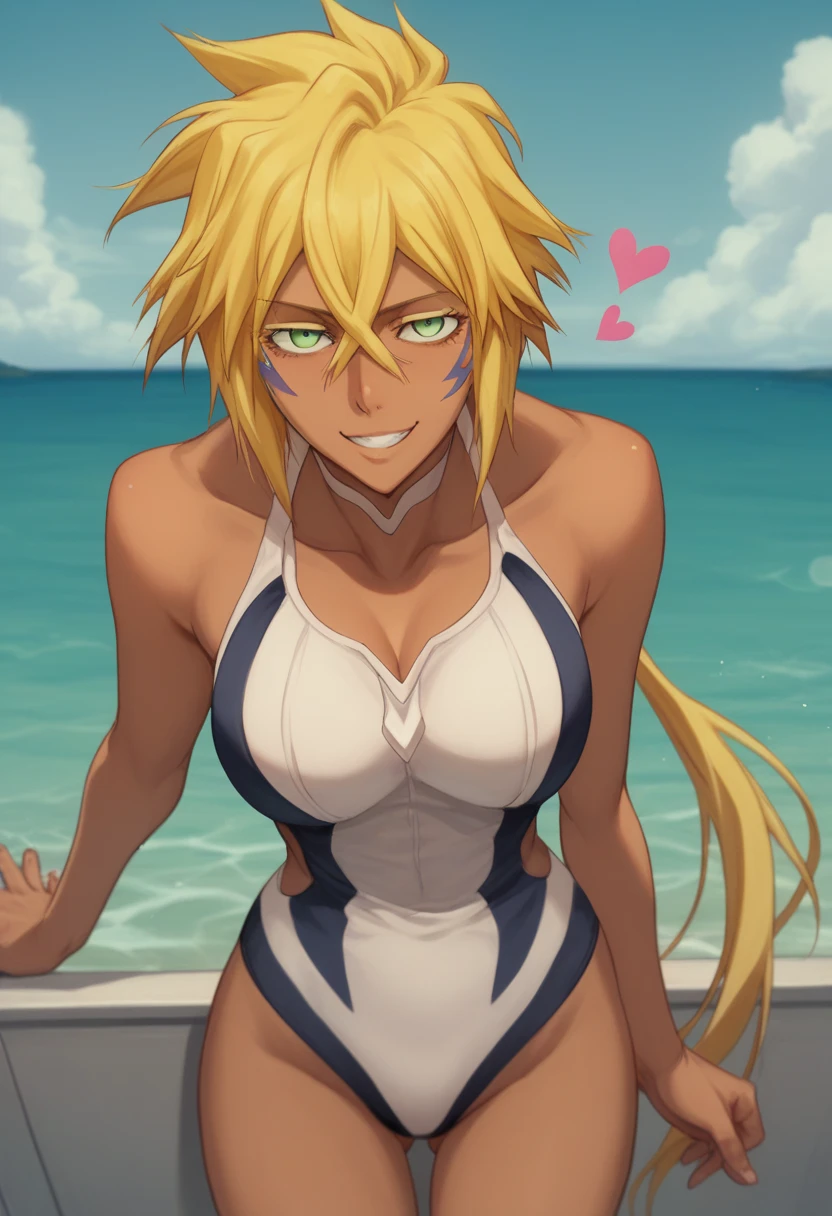  Tia Halibel,  Female 1 person   ,    yandere,  Viewers ,  students are in a gang hideout and  ,smile,褐色の肌,Brown Skin,Yellow-green eyes,yellow hair, Hotel Interior, Students are hearts,,  the whole body is reflected around the body ,   Let's take a closer look , sea, swimsuit,Crotch to crotch ,catch, 