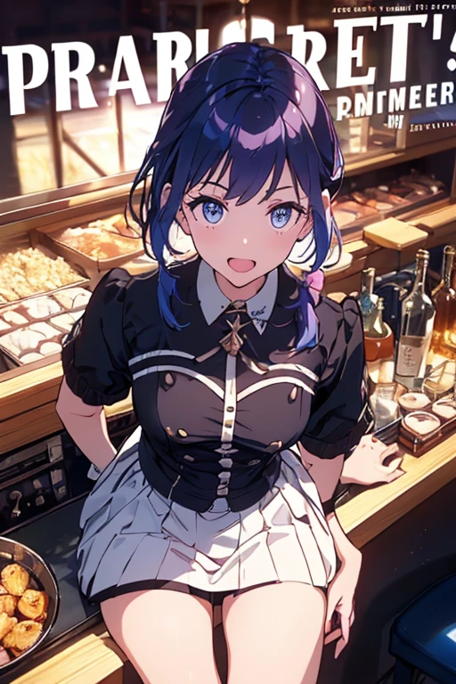 (from below:1.2),(from side:0.9), ((beautiful Face)), (Close-Up:0.6), ((looking at viewer, holding a icecream)),(Italian sweets magazine cover:1.4), highest quality、(real、photorealistic:1.5),(ultra high resolution,dark blue hair,long hair,side ponytail,hair between eyes,bangs, (beret, black jacket, open clothes, cleavage, midriff, black perfect medium skirt, black thighhighs, thigh strap, fingerless gloves, single glove:1.2), (double breasted,under bust:1.2), sitting at a table, cute, visual of a cute girl, cute girl, eating cakes, young girl, guweiz, high quality anime artstyle, anime girl, artwork in the style of guweiz, beautiful girl, pretty girl, official artwork,(with sparkling eyes and a contagious smile),her thin pubic hair, looking at viewer, pose muy sexy"