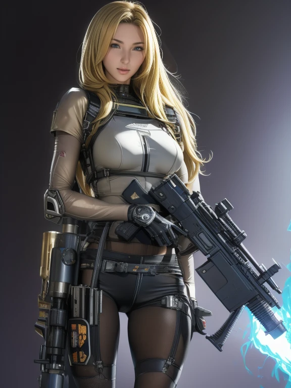  Max Image,  amazing details ,  super high resolution, ( realism: 1.4), ((close:0.75)), One woman is very condensed,  beautiful and delicate face , Perfect Proportions,  Narrow Down the Target Group , small breasts),  blonde alone, (High-tech suit), (Cyborg vs. police uniform,,, Black and grey mech,  military harness ,  holding a machine gun , Hitch Tech Flamethrower Tank Transport),  background is a simple gray wall ,