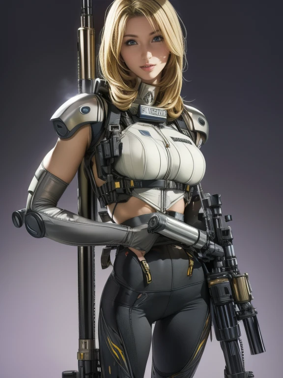  Max Image,  amazing details ,  super high resolution, ( realism: 1.4), ((close:0.75)), One woman is very condensed,  beautiful and delicate face , Perfect Proportions,  Narrow Down the Target Group , small breasts),  blonde alone, (High-tech suit), (Cyborg vs. police uniform,,, Black and grey mech,  military harness ,  holding a machine gun , Hitch Tech Flamethrower Tank Transport),  background is a simple gray wall ,