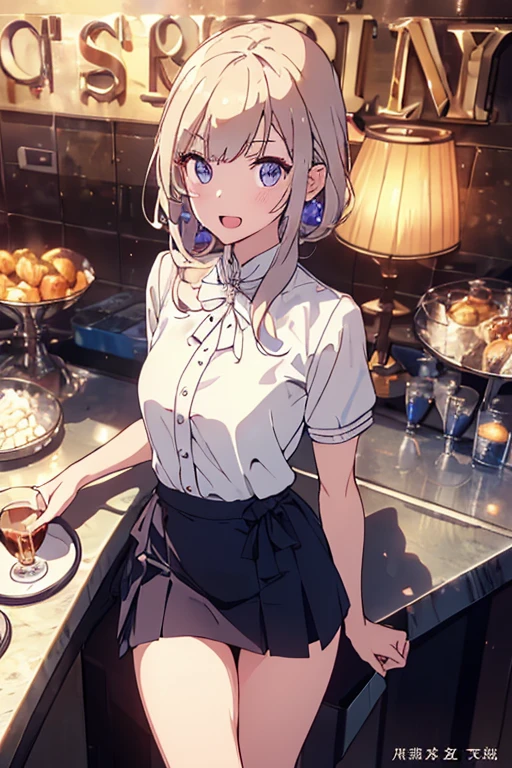 (from above:1.0,Best Quality),a girl , platinum color hair、bartender uniform,Purplish blue eyes that dreamers desire, small stature, medium , Lori face, (masutepiece:1.2, Best Quality), (finely detailed beautiful eye: 1.2), (beautifull detailed face), (perky chest:1.2), (pointed chest:1.1), (bratender magazine cover:1.5)，(Best Illumination, extremely delicate and beautiful), sexy pose,make a coffee , in a bar counter, morning light, Short bob hair（1:3）,Ultra Contrast、Braid a little around the ears, black bartender uniform dress、Sexy and qute pants、You can't see inside your underwear,mocking look、nffsw,Arms crossed、grab the arm、Shoot 、breastuscular pussy、little Pubic hair,high-level image quality、hightquality、8K,perfect hand、5 fingers、finger pin、Perfect Finger,noise cut、Her hair color should have been a brighter blue,(The bartendre skirt dress part is also carefully expressed:1.4)、the skirt is floating in the wind:1.2、Dark purple panties,(with sparkling eyes and a contagious smile),open mouth, highest quality, high resolution,Real World, Natural light,perfect Natural light, Looking at Viewer,
