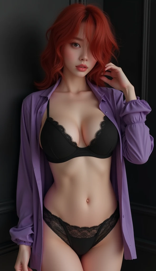 1 beautiful woman, 20 years old, pale white skin (very detailed and delicate skin), bright blue eyes (vampire eyes) (very detailed and expressive eyes), red hair, short hair, perfect body, perfect abdomen, perfectly round butt, makeup, red lips, delicate earrings, delicate necklace, choker, hair band, look at viewer, ((black cardigan)), very tight short skirt, sexy pose, in a room with a city view (masterpiece), (8K), (cinematic lighting, (photorealistic), (minute details)