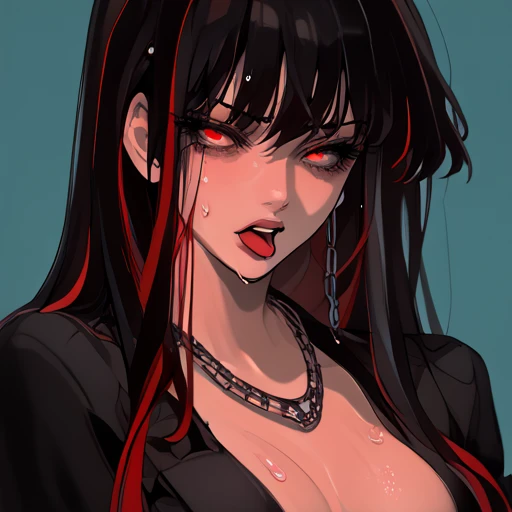  Female anime character , desnuda, long black and red hair and a long crossed necklace and a bedroom background Long hair, Ojos rojos,  black hair ,  Very Long Hair,  tongue out, breasts, desnuda, breasts grandes, agarrando trasero, since ago,  looking at the spectator , sweat.