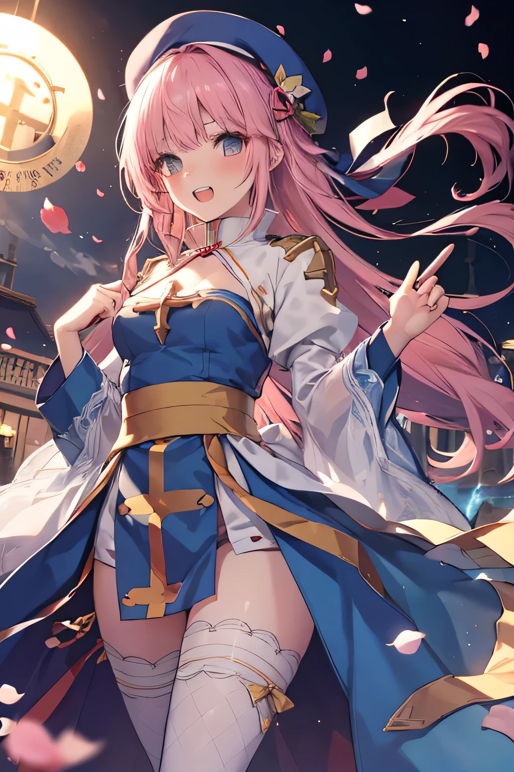 happy girl ( showing teeth), standing, combat pose,  pink hair color,  mmorpg background ,  mmorpg background (A stranger), complete anatomy,   graphic effects ,  ornament of a flower-shaped accessory on the head, aura, white beret, height 159 cm  ( 5 feet 3 inches ),  summoning circle,  Castea Heal Skill( ragnarok online ), Blue Fire Force +vapor,  fire around, strong breeze ,  sakura petals and leaves, primera persona, blush,  watching the spectator, Charm, Pausa de toque ciego  watching the spectator,  very detailed face , 8K, light and shadow effect.  Masterpiece.