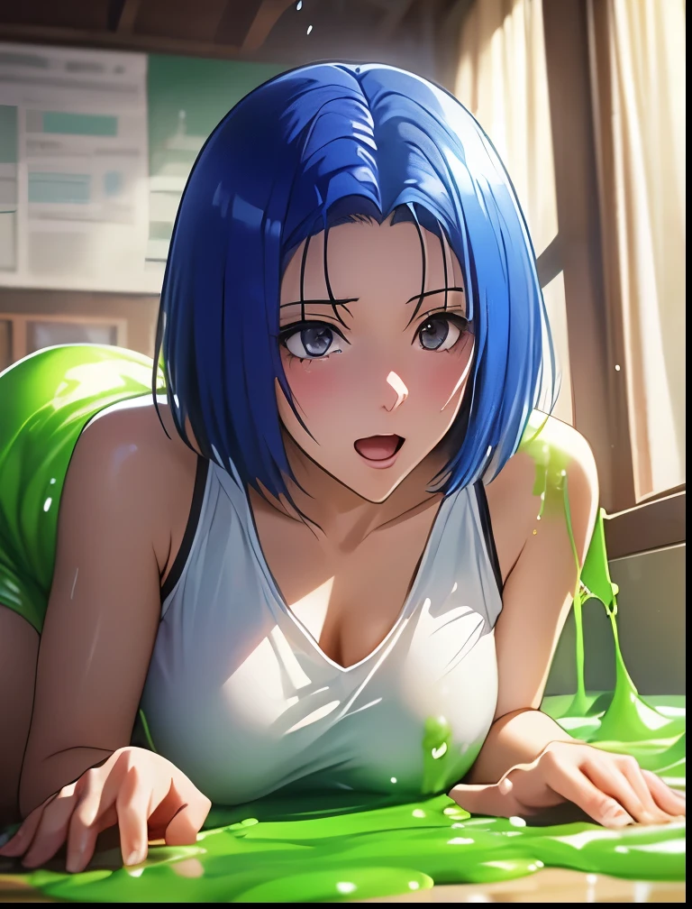 （（（ＳＦＷ、Precision、Highest quality、A first-class masterpiece、Normal body、8k、  Detailed Face 、Ultra-precision、 Normal hand、５refer to、Highest）））、 Sairenji Haruna、Blue hair bob cut、 short hair to be shouldered、 high school girl、「 To Love Ru」、 caught by a large number of slime monsters in the classroom 、 they are clutched by a large amount of slime and stand on all fours、My uniform and miniskirt are dissolved in slime and my skin is exposed、 nipples seem to be visible during the TikTok live、The white bra and pants are in full view 、 I'm blushing because I'm embarrassed、My uniform and miniskirt are dissolved in slime that feels good and my nipples are in agony 、I'm puzzled yet I'm panting with my mouth open 、 muddy slime sticking to my body 、Nipples get erect due to the aphrodisiac effects of slime 