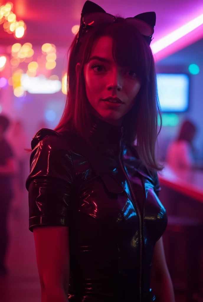 portrait of anya, she is wearing shiny red lip gloss, looking directly at the viewer, she is wearing a latex cyberpunk outfit, she is standing in a nightclub, the room is brightly lit with neon lights,