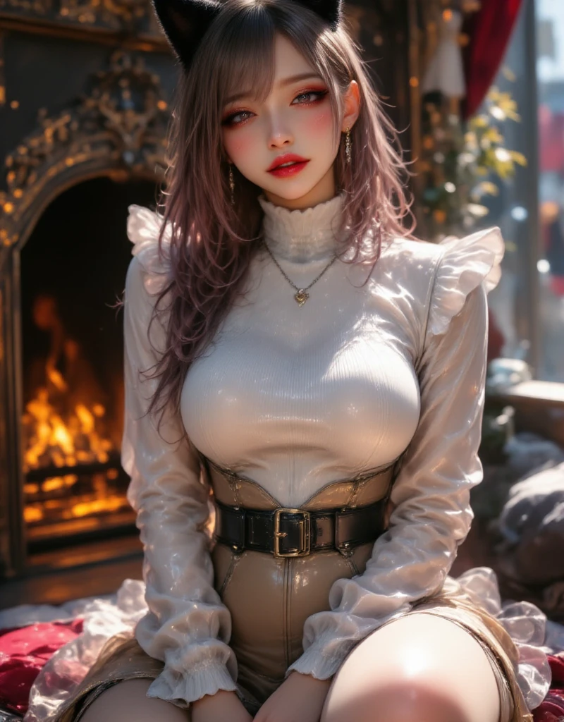 Cat ears、white thick turtleneck 、 beige fluffy flared skirt、reading、  attractive,desire, Obscene, Mature Woman, Captivating body lines , ((  fine facial features ,   open your mouth, eroticism)),  Dramatic Lighting  ,  realistic , 8k, Cinematic Composition , dark moody vibe ,  Dramatic Shadows ,  intricate and elaborate patterns  ,  30 megapixel  ,   super detailed photo  ,  chiaroscuro lighting  ,   moody color palette  ,Pleasant colors ,  deep contrast  ,  super real 、 pink lipstick、 Sit on the edge of a window and read a book 、 warm room、 Christmas tree、Vintage Fireplace 、 full body view、Drawing composition、 cinematic composition、Focus on books 、 crosses legs、 seductive thighs 、Exuding sexiness