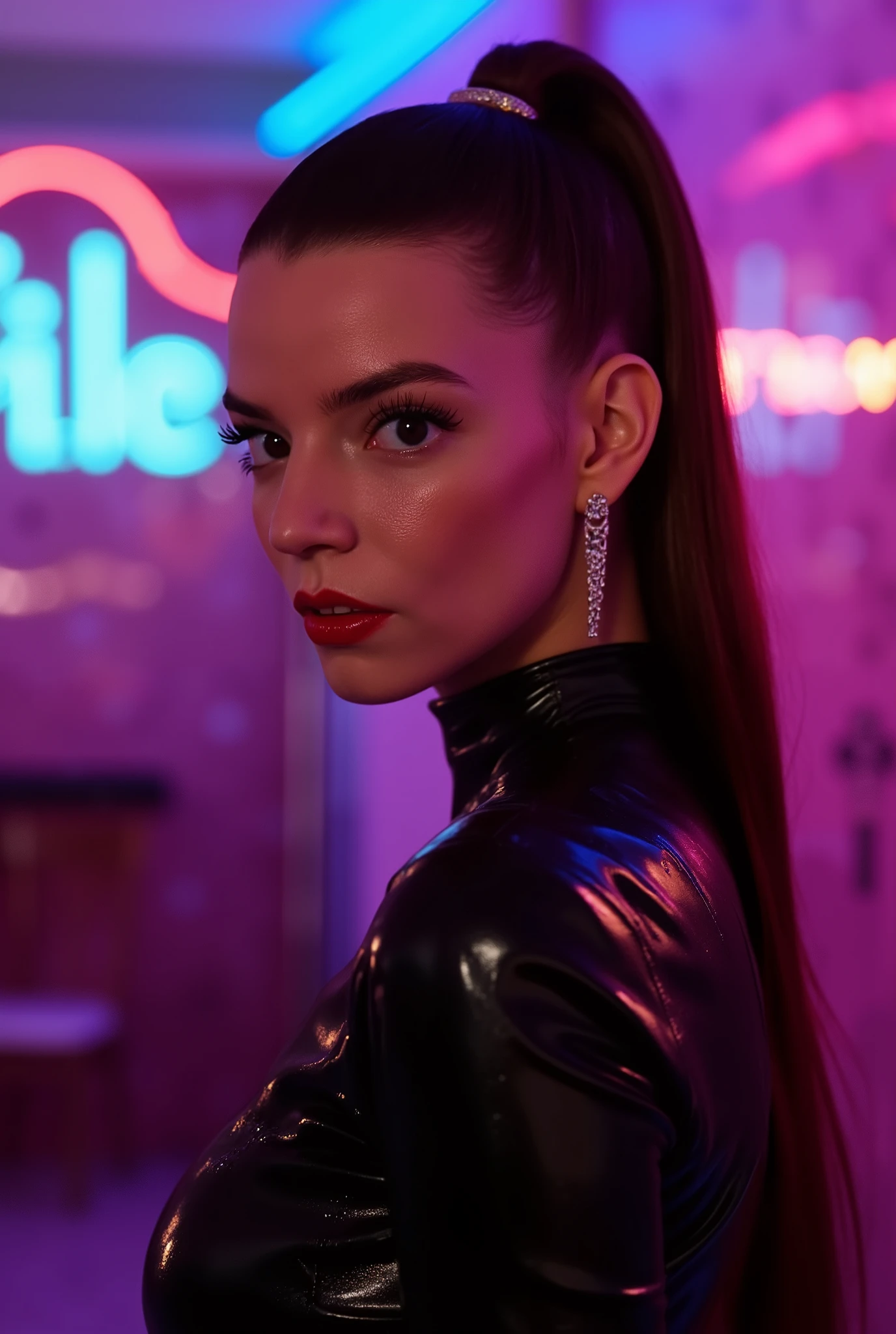 portrait of anya, she is wearing shiny red lip gloss, looking directly at the viewer, she is wearing a latex cyberpunk outfit, she is standing in a nightclub, the room is brightly lit with neon lights,