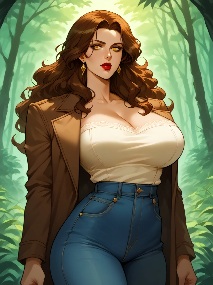  Esme Cullen ,  Esme Cullen  de crepúsculo,  long wavy hair,  brown hair ,  golden eyes ,  beautiful woman ,  perfect female body,  big breasts,  small waist , brown jacket, jeans negros,  in the background of a dark forest , Ivory white skin , Red lips