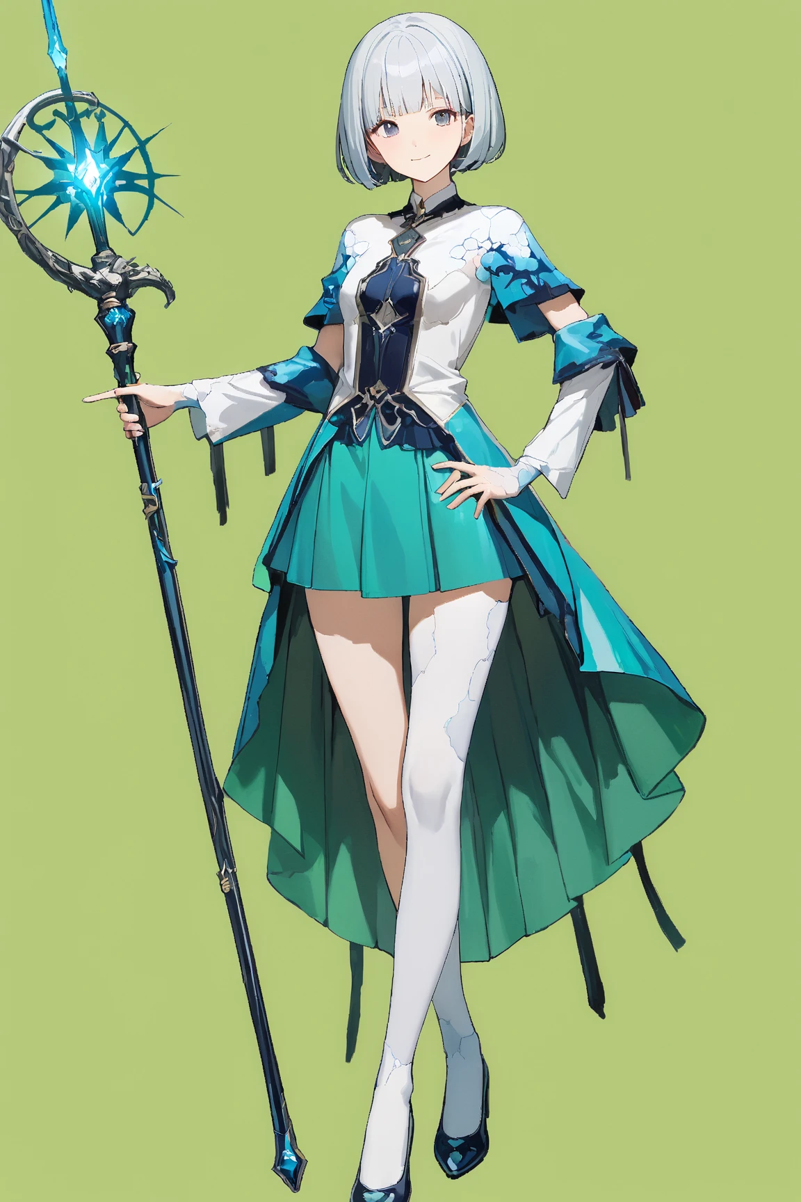 (green background:1.3), No wind, character sprite, (wide shot::0.7), Break, 
1 girl, (cute face), Neat, cool Look, light smile, 18 years old, , 160 cm tall,, (porcelain skin), Standing, feet out of frame, Silvery medium hair,  medium Bob, gray eyes, small breasts, slender, slim, Blue Healing Magician Outfit, short length skirt, white over-kneehighs, holding a Magical long staff, Break, 
(green background:1.3), No wind, high fantasy, game cg, absurdres,  highres icon, ultra detailed, beautiful, masterpiece, best quality,