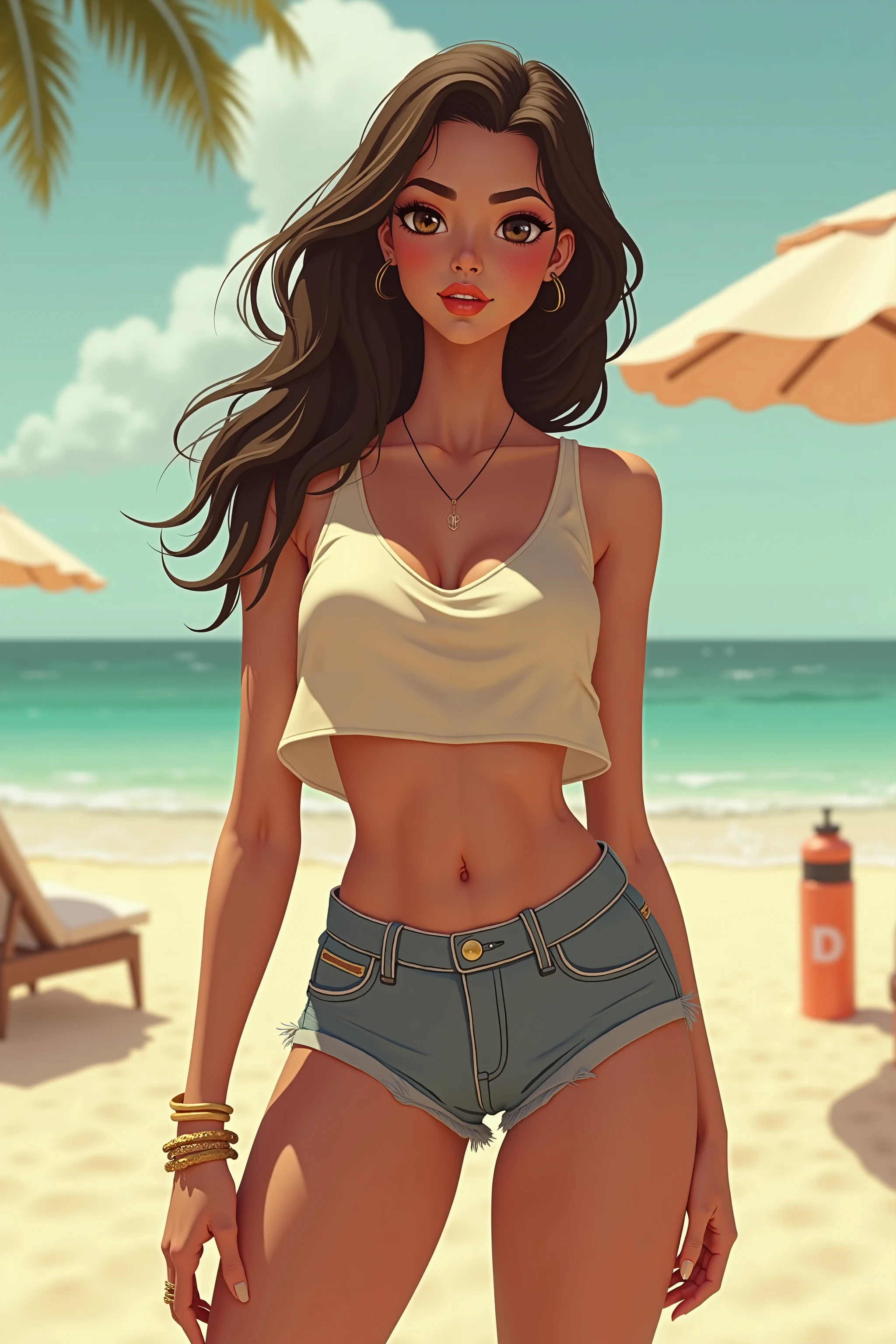 1girl, masterpiece, best_quality, a black brazilian woman, black curly hair,_eyes, black, large_breasts, Make up, Shorts, denim_shorts, crop_top, navel, midriff, toned, walking in rio de janeiro, (abs:0.8),