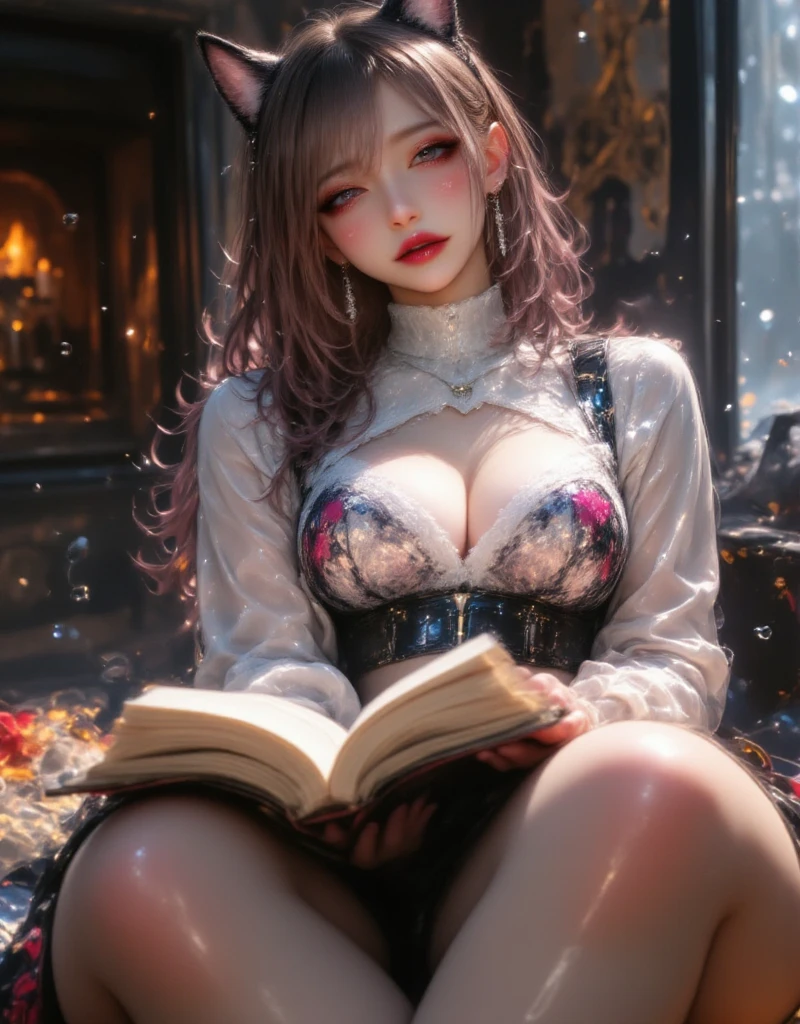 Cat ears、white thick turtleneck 、 beige fluffy flared skirt、reading、  attractive,desire, Obscene, Mature Woman, Captivating body lines ,Big Breasts:1.3、 ((  fine facial features ,   open your mouth, eroticism)),  Dramatic Lighting  ,  realistic , 8k, Cinematic Composition , dark moody vibe ,  Dramatic Shadows ,  intricate and elaborate patterns  ,  30 megapixel  ,   super detailed photo  ,  chiaroscuro lighting  ,   moody color palette  ,Pleasant colors ,  deep contrast  ,  super real 、 pink lipstick、 Sit on the edge of a window and read a book 、 warm room、 Christmas tree、Vintage Fireplace 、 full body view、Drawing composition、 cinematic composition、Focus on books 、 crosses legs、 seductive thighs 、Exuding sexiness