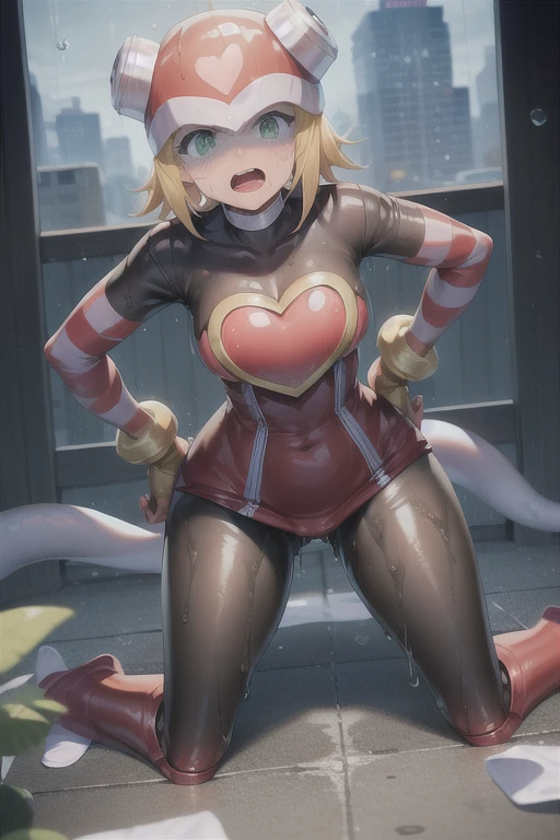 harpnote_megamansf, 1girl, blonde hair, short hair, bodysuit, heart, (helmet), green eyes, raise arms, looking at viewer, crying, high quality, sad, hands on hip, masterpiece, torn clothes, bodysuit, breasts, bound wrist, on back, large hips, concerned, tears, boobs out, tits, thicc, torn clothes, slime all over, tentacles, open mouth, exposed breasts, tits, defeated, city, ally way exposed skin, perky breasts, cut clothes, ripped clothes, weak, belly button, tight clothes, torn bodysuit, transparent clothes, Thicc, raining, surrounded, trapped, imprisoned, tentacles grab leg, wet, wet clothes, captured, on all fours, pantyhose 