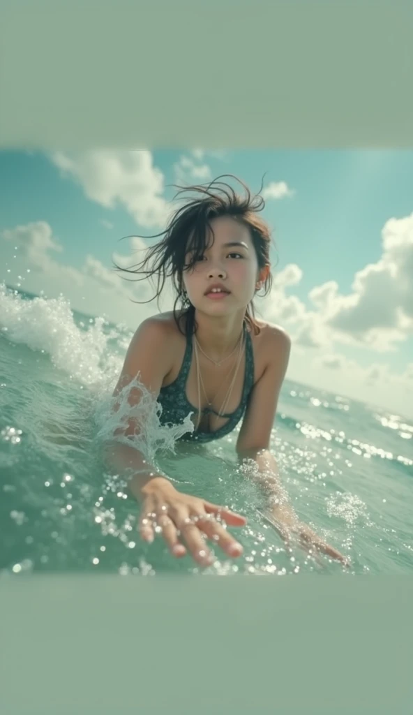 (RAW image quality:1.4), extreme sports photography, surfing, riding along huge Wave, Thrilling tension, selfie medium shot, Half body, young girl, Japanese, 15 years old, micro bikini, Oceanの背景, Wave, Ocean, shape, high texture, realistic effect