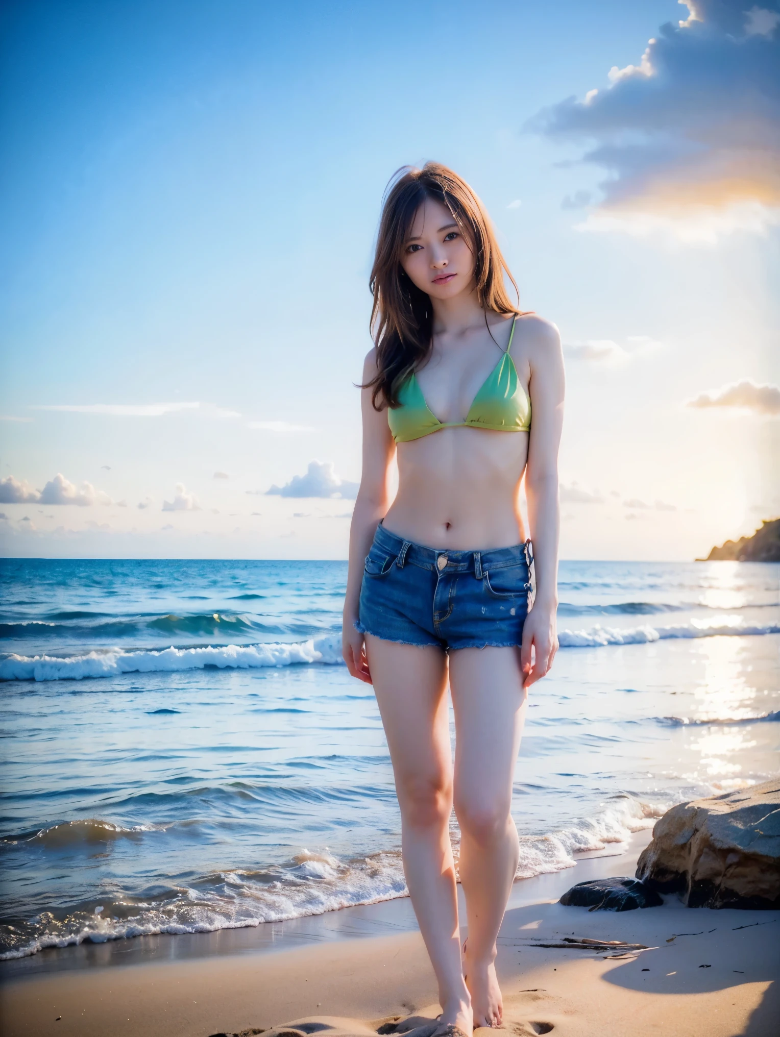 High Resolution Japanese Actress Pictures, ( realistic , photo- realistic :1.2), ( top quality, masterpiece), RAW photos , intricate details, Extremely Detailed, very detailed, very detailed, sharp concentration, (full body, shot from the front:1.4), 甜of, Alone, 1 girl, shiny brown hair , dark brown medium hair, beautiful brown eyes、 Sparkling Eyes , (fine grain)、 Very Pretty Eyes 、 very detailed顔, very detailed目, cowboy shooting、 ( masterpieces during breakfast ),( top quality:1.3),8k,Very clear,( super real ), one girl, beautiful legs,light makeup, ( masterpieces during breakfast 、 top quality、 very detailed)、 ((Waistline、 middle of chest、 slender girl))、 ((Chartreuse Yellow Bikini Top 、 damage micro denim shorts )), Rosy Cheeks,(( sunset beach))